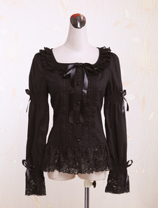 Chemisier lolita en coton noir longues manches de col à carreaux