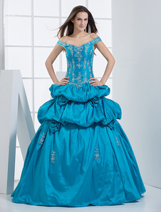 Robe de boule hors de l'épaule et de V-col en taffetas avec broderie de perle