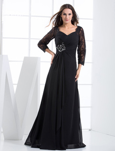 Robe de soirée en noir élégant de manches courtes en mousseline de soie avec corset et perle