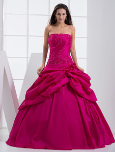 Robe de boule en taffetas fuchsia plissé bustier