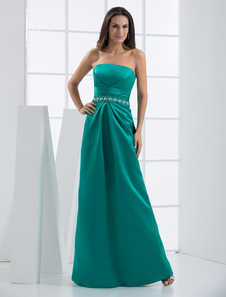 Robe de soirée bustier en satin vert forêt avec ceinture