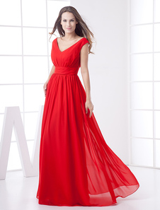 Robe de soirée A-ligne rouge en chiffon col V longueur plancher