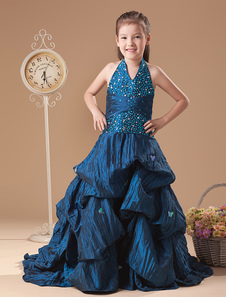 Robe du cortège enfant bleue en taffetas à licou longueur plancher