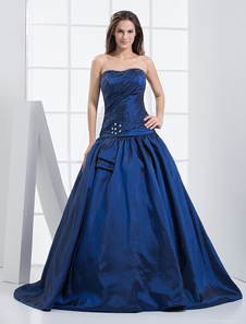 Robe de bal de finissants ligne-A bleue royale sans bretelles en taffetas
