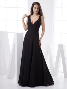 Robe de soirée fourreau noire en chiffon col V longueur plancher