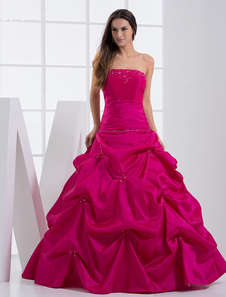 Robe boule en taffetas rose de pêche plissé bustier