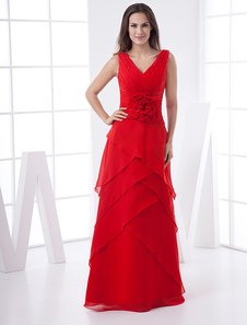 Robe de soirée rouge plissé de col V longueur plancher