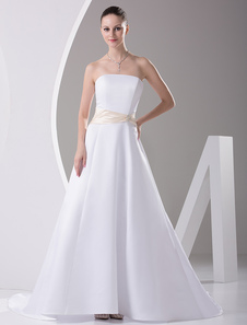 Robe de mariée fabuleuse A-ligne en satin blanc avec ceinture bustier à traîne