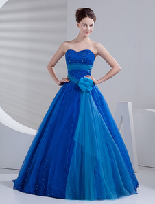 Robe de boule en bleu royal de longueur à plancher en filet