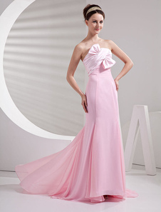 Robe de soirée bustier en chiffon rose avec noeud