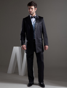 Jaquettes de marié noires de longueur complète et de col rabattu avec bouton de single sein