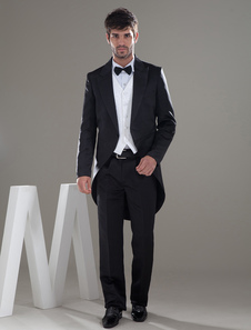 Long Black Single Breasted Button Lapel Worsted Groom Wedding Tuxedo