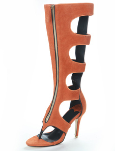 Bottes à talosn hauts orange en peau de mouton suédée creusé