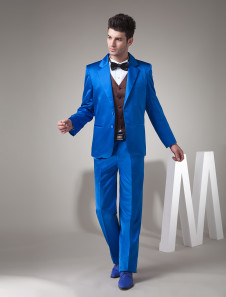 Bleu royal jaquette de marié en satin de deux noutons