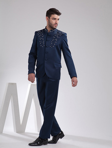 Jaquettes de marié en bleu foncé élégant avec broderie