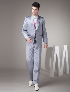 Fabuleuse jaquette de mariage en satin gris avec deux boutons