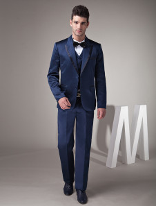 Bleue marine jaquette de mariage en satin avec ourlet contrasté