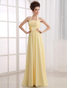 Robe de demoiselle d'honneur lis jaune pour dames au col carré faite en satin