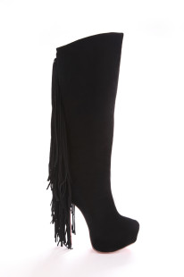 Bottes à talons aigus noires en nubuck longueur genou avec frange