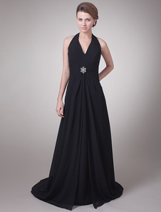 Robe mère de mariés noire à licou avec fleur à traîne