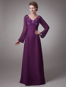 Robe de mères des mariés en couleur de raisin de V-col et de manches longues en mousseline de satin