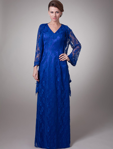 Robe de mères des mariés en bleu de V-col en satin