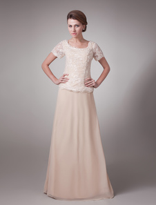 Robe de mères des mariés formelle en rose de manches courtes en satin avec dentelle