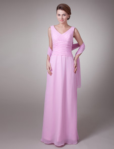 Robe mère de mariés rose de col V de longueur plancher