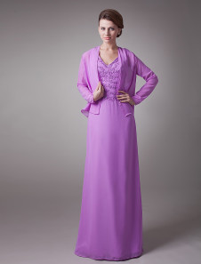 Robe de mères des mariés lilas de V-col avec perle en mousseline de soie