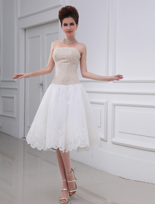 Chic robe mariage A-ligne en satin ivoire avec paillettes bustier longueur genou