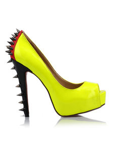 Chaussures à talons aigus sexy jaunes peep-toe en PU avec clou