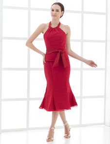 Robe de mères des mariés en satin de longueur de thé avec ruban