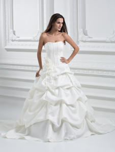 Chic robe mariage boule ivoire plissé bustier traîne courte