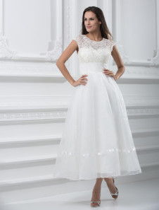 Mini Robe de Mariée Courte Ivoire en Gaze A-ligne Col Arrondi