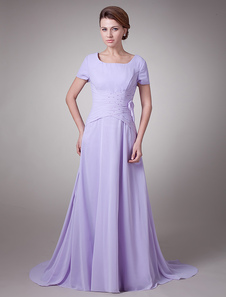 Robe plissée pour mère de la mariée manches courtes faite en mousseline de soie