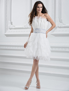 Belle robe de mariage blanche ligne-A courte en tulle