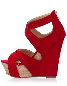 Sandales compensées rouges en nubuck avec zip