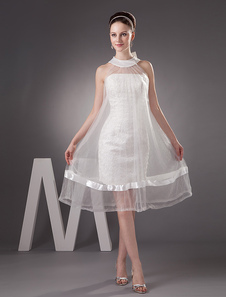 Mini robe de mariage ivoire au col rond sirene