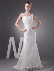 Robe mariée magnifique sirène en satin ivoire avec applique à fines bretelles et traîne