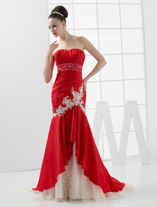 Robe de mariage exquise sirène en taffetas rouge avec applique encolure en coeur à traîne