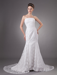 Belle robe de mariage trompette sirène blanche sans bretelles en dentelle