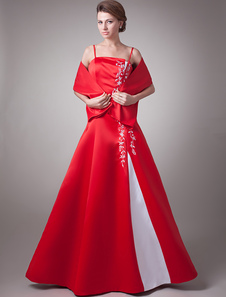 Robe mère de mariés brodée en satin rouge à bretelles