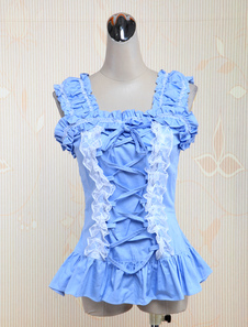 Chemisier lolita en coton bleu à volants avec lacet
