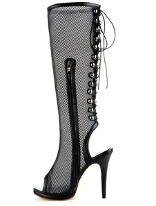 Bottes à talons aigus noires en peau de mouton bout ouvert