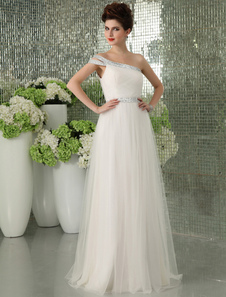 Robe de soirée A-ligne blanche en satin stretch et gaze à une épaule, longueur plancher