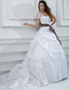 Dentelle blanc Bow Sash robe de taffetas de mariage nuptiale