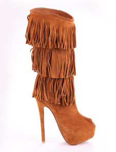 Bottes mi-mollet havane avec frange multicouche