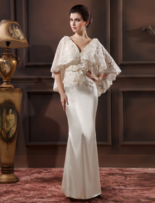 Robe de soirée ivoire avec ceinture de col V longueur plancher