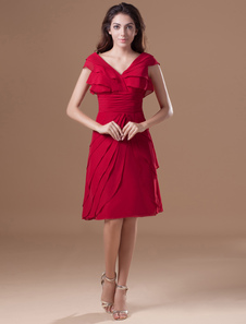 Robe de soirée boule rouge en chiffon avec col V longueur genou