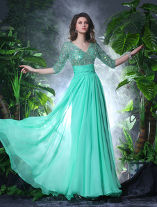 Robe de soirée verte paillettes strass découpe robe en mousseline de soie